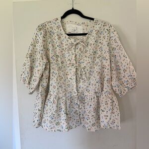 notPERFECTLINEN 100% Linen Cream Floral MELINA Peplum Tie-Front Top